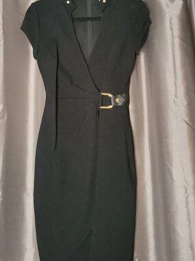 Cache Black Midi Cap-Sleeve Sheath Dress with Gold Buckle